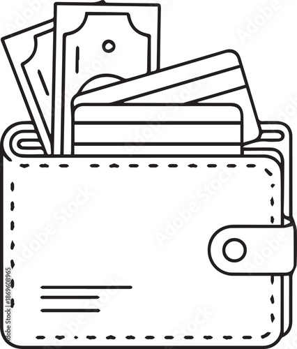 A clean, black and white line icon of a wallet containing both paper money and multiple credit cards, representing personal finance management, diverse payment methods, and savings.