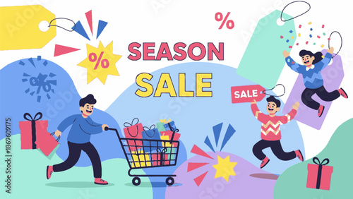 People shopping during a season sale with discounts and colorful decorations