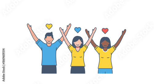 Three people with raised arms and hearts above them, symbolizing unity and affection, in a simple illustration style.