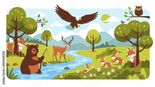 Wildlife gathering near a serene river in a lush forest landscape with animals and birds