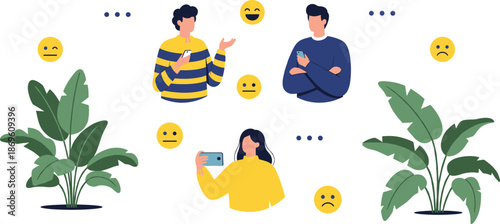 People using smartphones with emoji reactions social media emotions communication concept flat vector illustration isolated