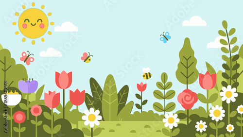 A vibrant garden scene with flowers, bees, and butterflies under a smiling sun in a lush green landscape viewed from a distance.