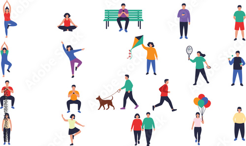 Collection of flat vector people performing various outdoor activities including yoga, jogging, walking dog, flying kite, playing tennis, and relaxing in park.