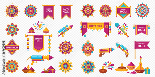 Happy Holi festival celebration elements set with colorful mandalas, banners, water guns, and powder.