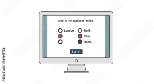 Computer screen displaying a multiple-choice question about the capital of France with options London, Berlin, Paris, and Rome