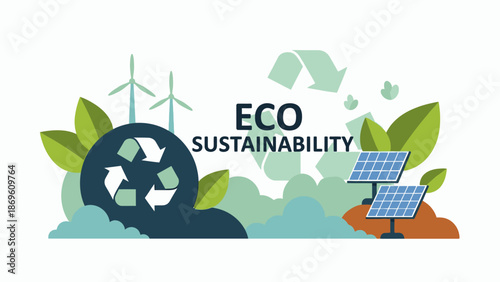 Eco-friendly sustainability concept illustration featuring renewable energy sources and recycling symbols in a natural environment from a global viewpoint