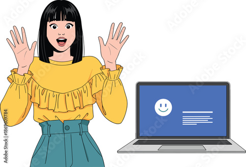 Excited young woman with black hair gesturing with hands next to laptop with smiley face on screen, success, good news, online happiness.