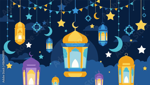 Celebratory lanterns and ornaments float amidst stars and crescent moons in a vibrant nighttime scene