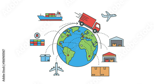 Global logistics and transportation network illustration showcasing various modes of transport around the world
