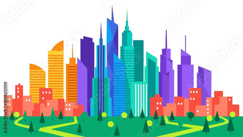 Vibrant Cityscape with Modern Skyscrapers and Urban Park.