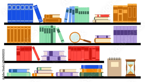 Colorful bookshelves filled with various books and office supplies.