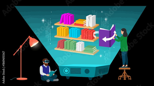 Futuristic digital library with virtual reality and floating bookshelves.