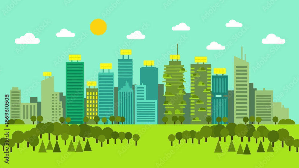 Fotobehang Zeegroen Sustainable cityscape with green spaces and modern buildings. #1869610508