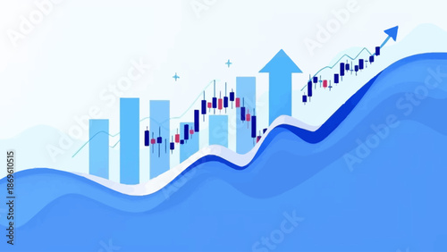 Financial market illustration showing bar chart, candlestick pattern, and line graph. Business and stock analysis concept for trading, investment, data analytics, economic trends, and performance insi