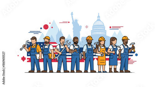 Group of diverse construction workers and engineers standing in front of iconic American landmarks, representing labor and national pride.
