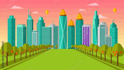Vibrant Cityscape with Modern Skyscrapers and Green Park.