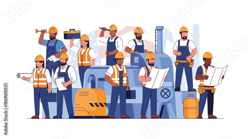 Diverse team of construction workers and engineers collaborating on a project with American flag in the background, symbolizing national pride and teamwork.