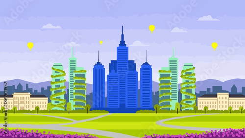 Futuristic cityscape with modern skyscrapers and lush green surroundings.
