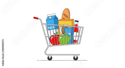 Shopping cart filled with various products on a clean white background