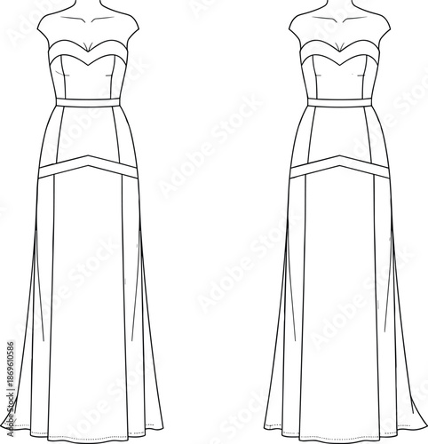 Elegant off shoulder evening gown fashion flat sketch with fitted bodice and long skirt, front technical dress illustration