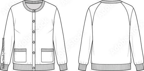 Front and back technical fashion illustration of classic knit cardigan sweater with buttons pockets ribbed cuffs for apparel design use