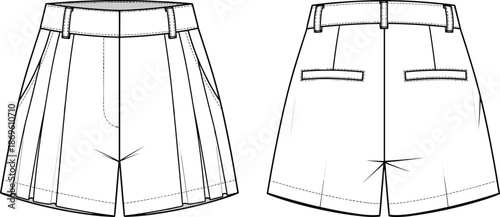 Front and back technical fashion illustration of tailored pleated shorts with waistband belt loops pockets for apparel design use