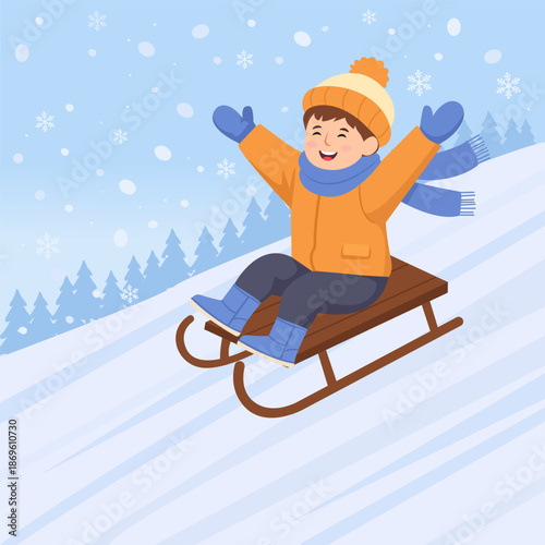 Happy  boy  are sledding from snow hills. Winter fun. Vector illustration