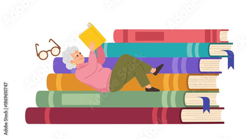 Elderly woman relaxing on a stack of colorful books reading a yellow book.