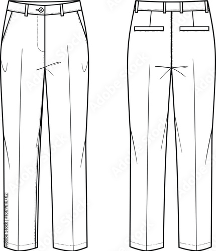 Front and back technical fashion illustration of tailored straight leg trousers with waistband belt loops pockets for apparel design use
