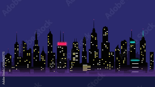 City skyline at dusk with illuminated buildings.