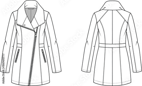 Front and back view of asymmetrical zip long jacket technical fashion illustration, tailored womens coat, flat apparel design template