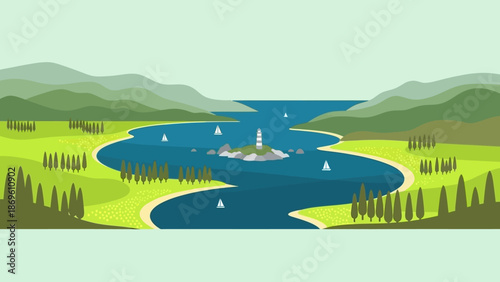 Serene lake landscape with sailing boats and lush greenery.