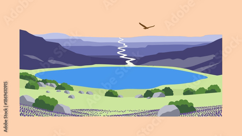 Quadro su tela Serene landscape with lake and mountains in the background.
