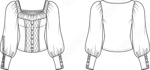 Front and back view of corset style long sleeve blouse technical fashion illustration for apparel design, garment detailing, and clothing specification