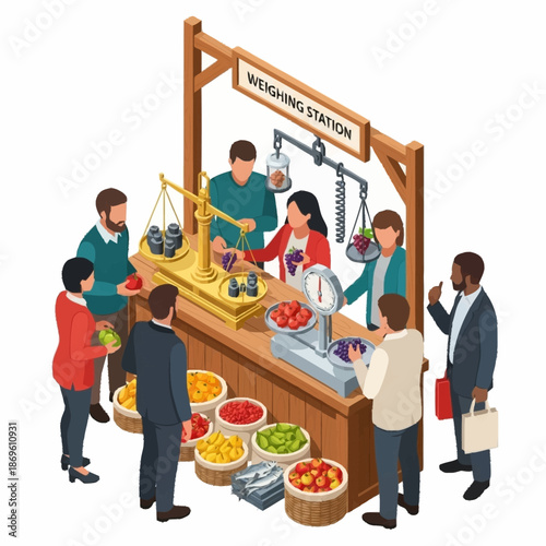People at a bustling market weighing station.