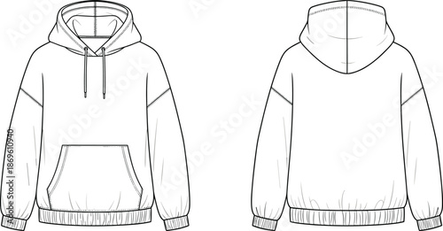 Front and back view of hooded sweatshirt hoodie technical fashion illustration for apparel design, casual wear production, and clothing specification