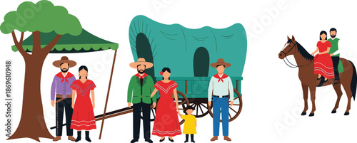 Traditional South American Gaucho family in folk clothing with horse carriage, covered wagon, and rural countryside scene for cultural heritage celebration