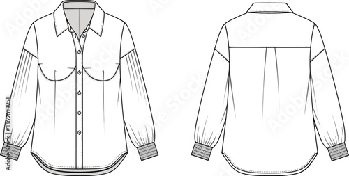 Front and back view of long sleeve button up blouse technical fashion illustration, collared womens shirt, flat apparel design template