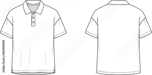 Front and back view of polo shirt technical fashion illustration, short sleeve collared t shirt, flat apparel design template