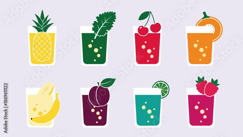 Colorful fruit smoothies with various ingredients and garnishes.
