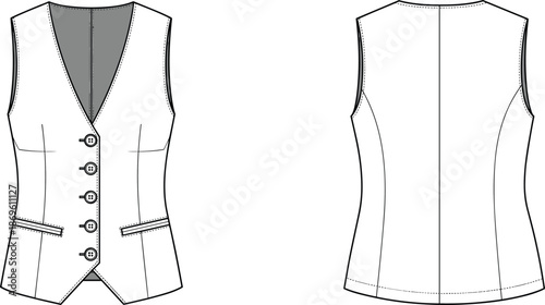 Front and back view of tailored buttoned vest technical fashion illustration for apparel design, garment construction, and clothing specification use
