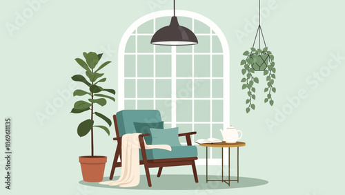 Cozy reading nook with armchair and plants near arched window.