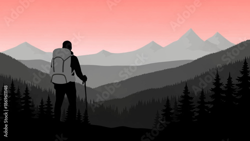 Hiker with backpack standing on mountain top at sunset.