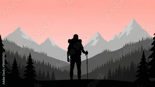 Silhouette of a hiker with a backpack and trekking pole standing on a hill.