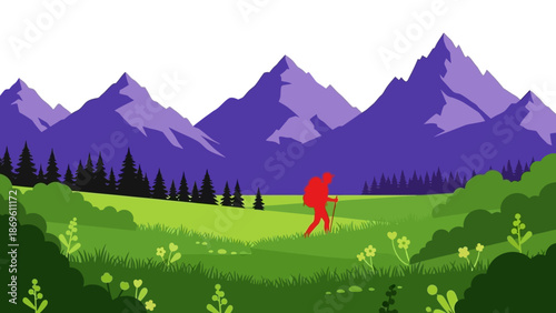 A lone red figure walking in a serene landscape with mountains.