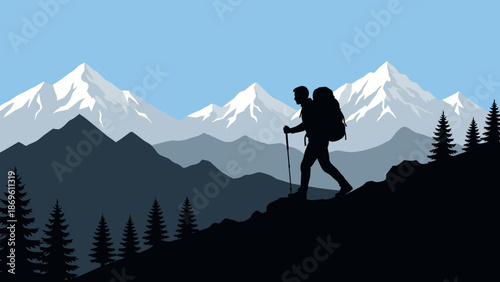 Silhouette of a hiker with a backpack trekking in the mountains.