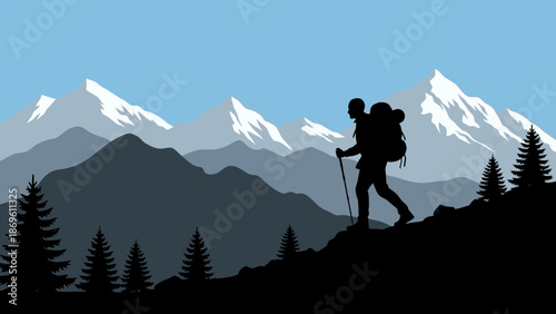 Hiker with backpack and trekking pole on mountain trail with snow-capped peaks.