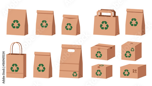Set of brown paper bags and boxes with green recycling symbols, representing eco-friendly packaging and sustainable practices.