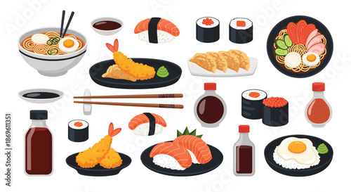 Comprehensive collection of various Japanese dishes and ingredients including ramen sushi tempura gyoza and soy sauce is artfully arranged for culinary enthusiasts.