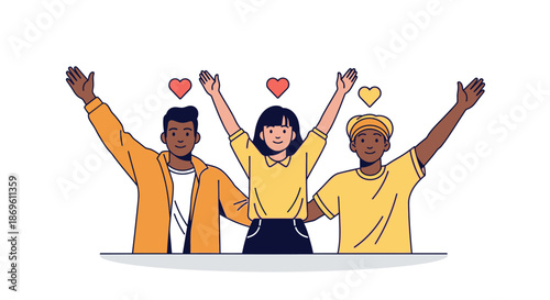 Diverse group of people celebrating together with arms raised in joy and love